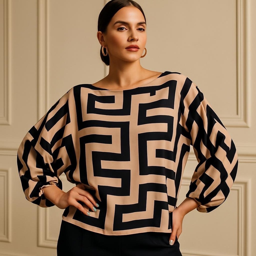 Womens Tan Black Geometric Maze Print Dolman Balloon Sleeve Blouse Top Large